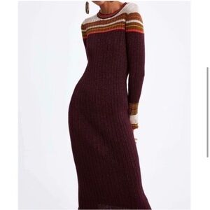 Zara Long Sleeve Shimmer Metallic Ribbed Midi Dress Womens size Small Stretchy